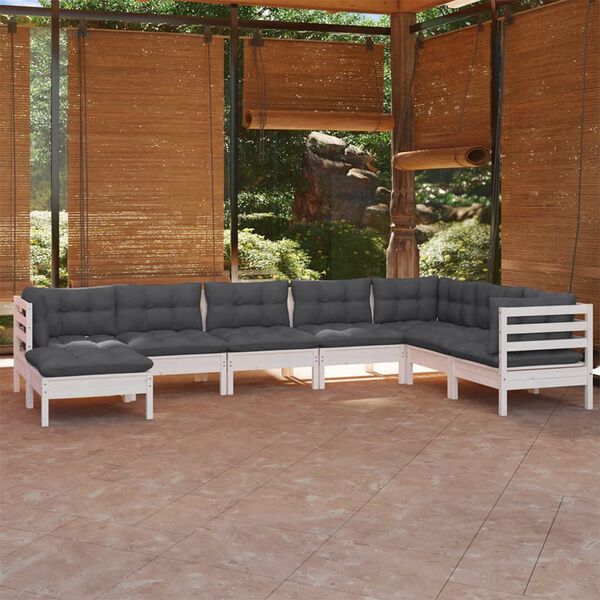 vidaXL 8 pcs conj. lounge de jardim c/ almofadões pinho maciço branco