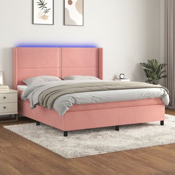 vidaXL Cama box spring c/ colch&atilde;o/LED 160x200 cm veludo rosa