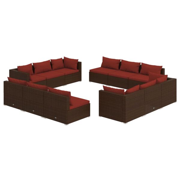 vidaXL 12 pcs conjunto lounge jardim c/ almofadões vime PE castanho