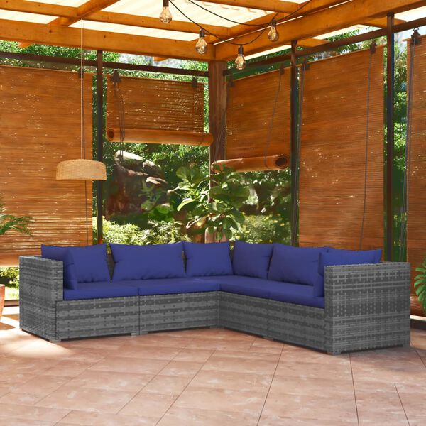 vidaXL 5 pcs conjunto lounge de jardim c/ almofadões vime PE cinzento