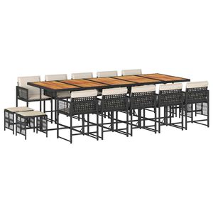 vidaXL 15 pcs conjunto de jantar p/jardim com almofad&otilde;es vime PE preto