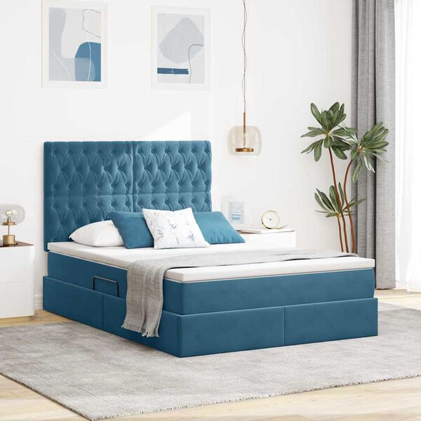 vidaXL Cama com arruma&ccedil;&atilde;o e colch&atilde;o Azul Escuro 140 x 200 cm Veludo