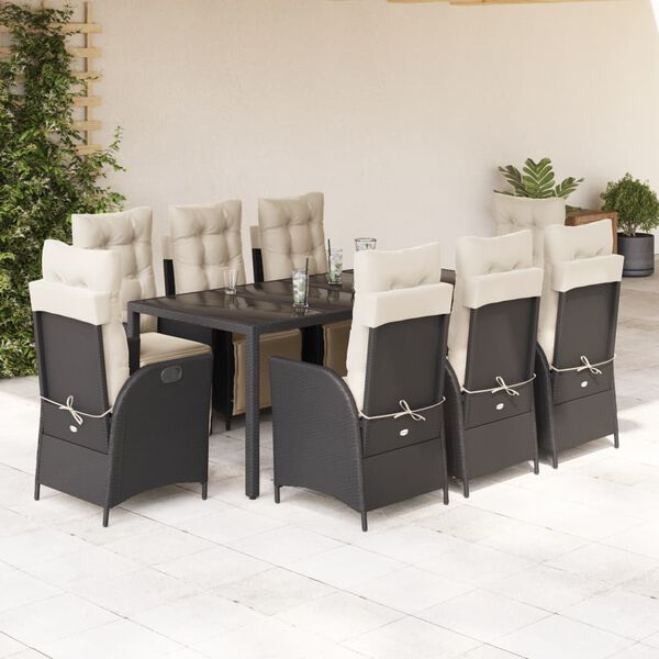vidaXL 9 pcs conjunto de jantar p/ jardim c/ almofadões vime PE preto