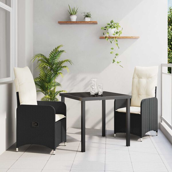 vidaXL Conjunto de Jantar para Jardim 3 pcs Preto Rattan Sintético