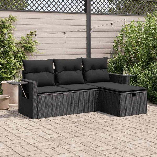 vidaXL 4 pcs conjunto de sof&aacute;s para jardim c/ almofad&otilde;es vime PE preto