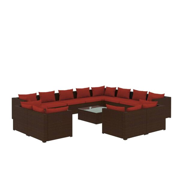 vidaXL 13 pcs conjunto lounge jardim c/ almofadões vime PE castanho