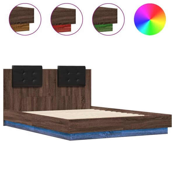 vidaXL Estrutura cama cabeceira/luzes LED 120x190 cm carvalho castanho