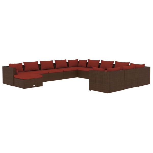 vidaXL 12 pcs conjunto lounge jardim c/ almofadões vime PE castanho