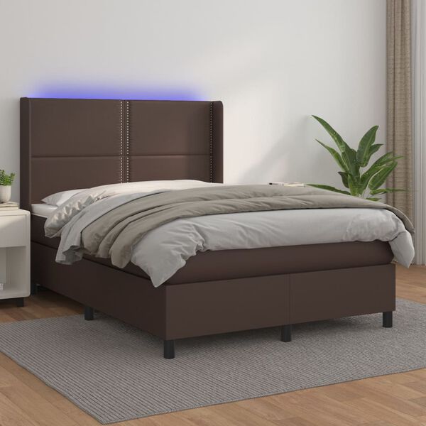 vidaXL Cama box spring c/ colch&atilde;o/LED 140x190 cm couro artif. castanho