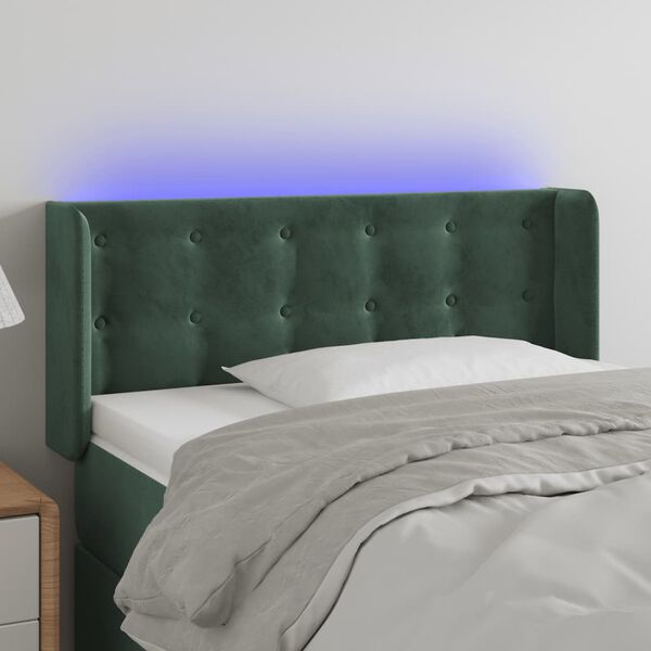 vidaXL Cabeceira cama c/ luzes LED veludo 103x16x78/88 cm verde-escuro