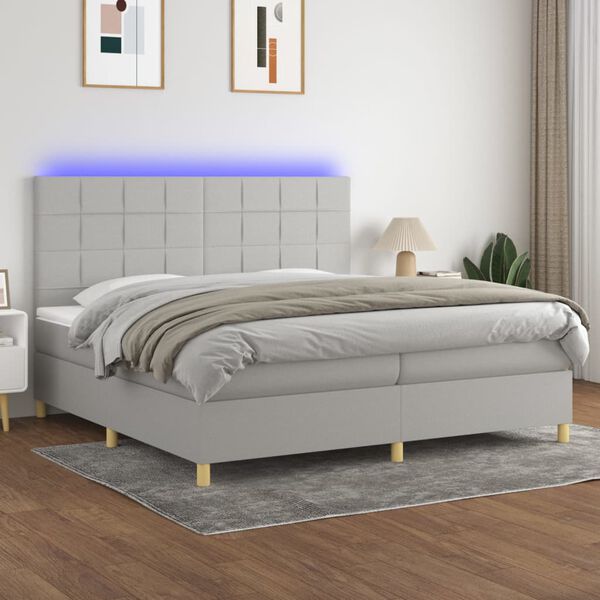 vidaXL Cama box spring c/ colch&atilde;o e LED 200x200 cm tecido cinza-claro