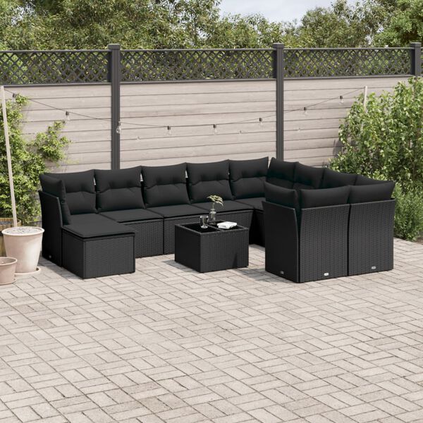 vidaXL 11 pcs conjunto sof&aacute;s de jardim c/ almofad&otilde;es vime PE preto