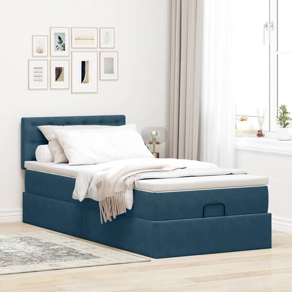 vidaXL Estrutura de cama otomana com colch&atilde;o azul escuro Veludo