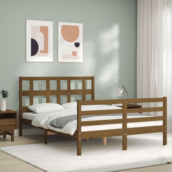 vidaXL Estrutura cama cabeceira 140x190 cm madeira maci&ccedil;a castanho-mel