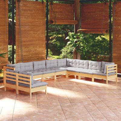 vidaXL 10pcs conjunto lounge de jardim + almofadões cinza pinho maciço