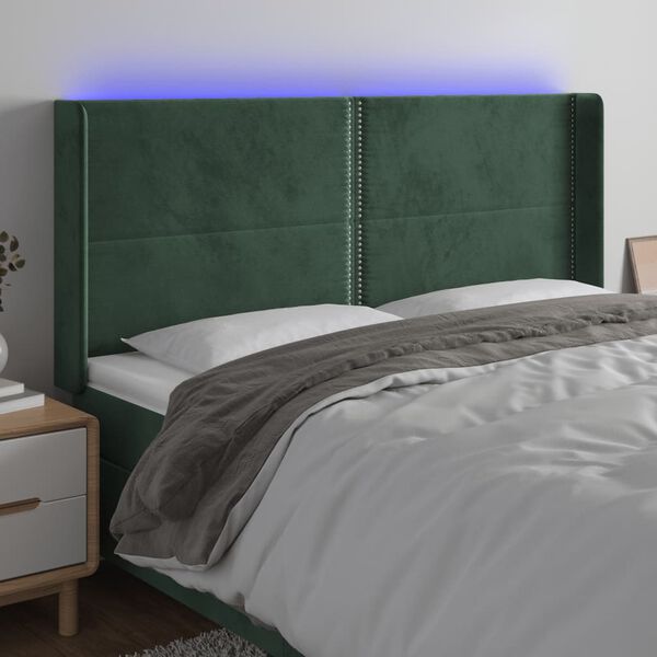 vidaXL Cabeceira de cama c/ LED veludo 183x16x118/128 cm verde-escuro