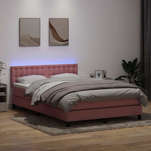 vidaXL Cama box spring c/ colch&atilde;o e LED 140x210 cm veludo Rosa