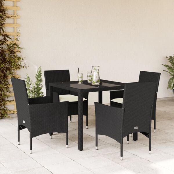 vidaXL 5 pcs conjunto jantar jardim c/ almofadões vime PE/vidro preto