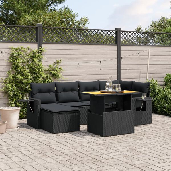 vidaXL 7 pcs conjunto de sof&aacute;s p/ jardim c/ almofad&otilde;es vime PE preto