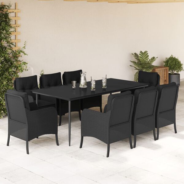 vidaXL 9 pcs conjunto de jantar p/ jardim c/ almofad&otilde;es vime PE preto