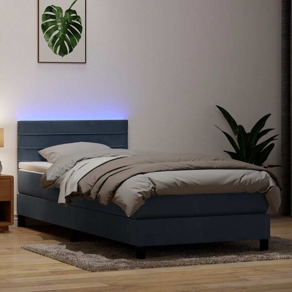 vidaXL Cama box spring c/ colch&atilde;o e LED 90x220 cm veludo cinzento-escuro