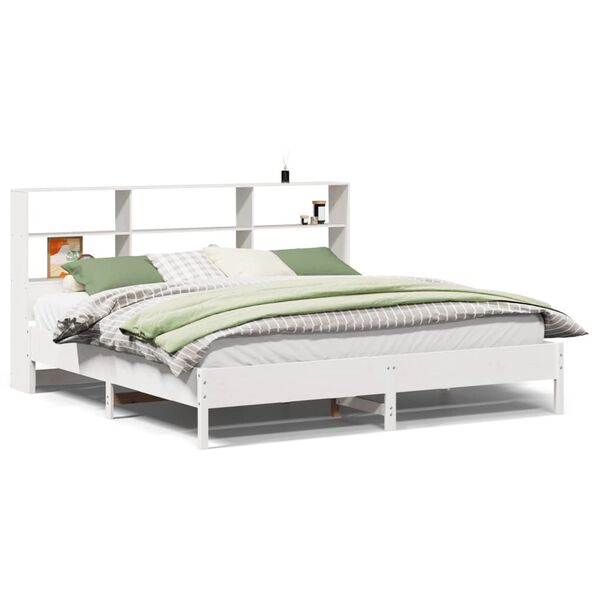 vidaXL Cama com estante sem colch&atilde;o 180x200 cm pinho maci&ccedil;o branco