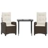 vidaXL 3 pcs conjunto jantar p/ jardim c/ almofad&otilde;es vime PE castanho