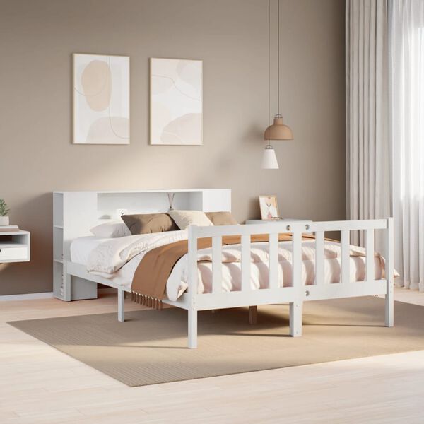 vidaXL Cama com estante sem colch&atilde;o 135x190 cm pinho maci&ccedil;o branco
