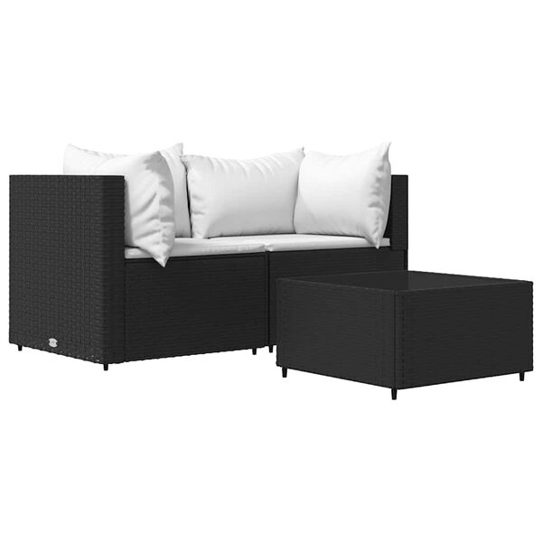 vidaXL 3 pcs conjunto lounge de jardim c/ almofad&otilde;es vime PE preto