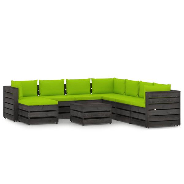 vidaXL 9 pcs conj. lounge jardim c/ almofad&otilde;es madeira impreg. cinza