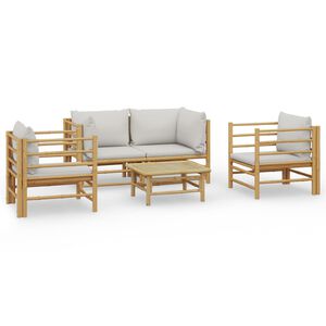 vidaXL 5 pcs conj. lounge de jardim bambu c/ almofad&otilde;es cinzento-claro