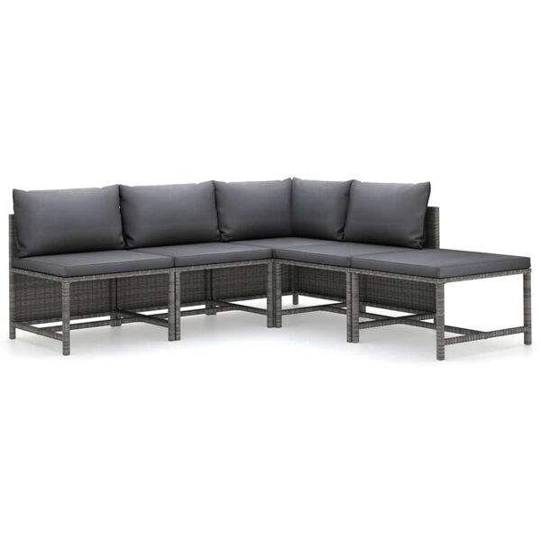 vidaXL 5 pcs conjunto lounge de jardim c/ almofadões vime PE cinzento