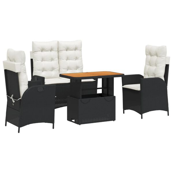 vidaXL 4 pcs conjunto de jardim p/ jardim c/ almofad&otilde;es vime PE preto