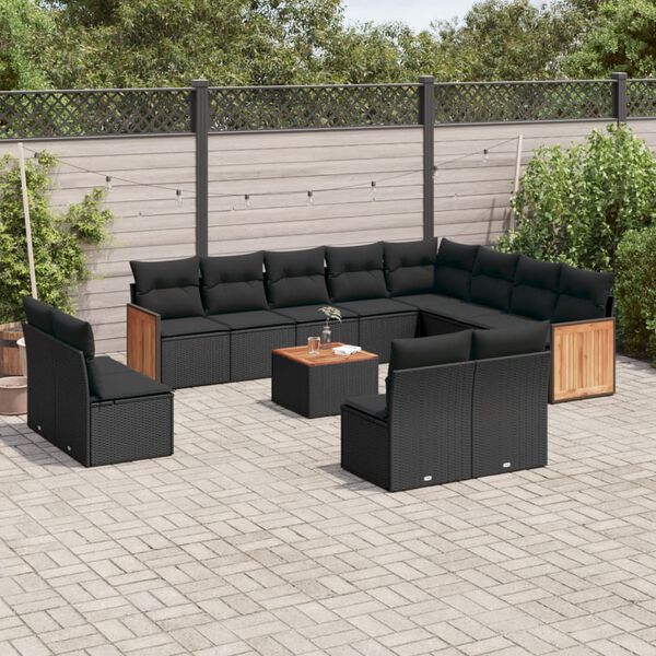 vidaXL 13 pcs conjunto de sof&aacute;s de jardim com almofad&otilde;es vime PE preto