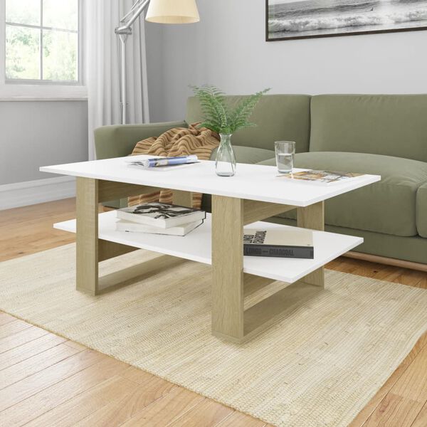 vidaXL Mesa de centro 110x55x42 cm contrapl. branco e carvalho sonoma
