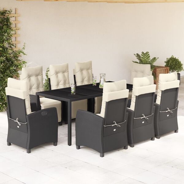 vidaXL 9 pcs conjunto de jantar p/ jardim c/ almofad&otilde;es vime PE preto