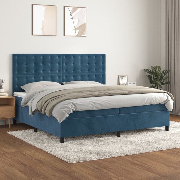 vidaXL Cama com molas/colch&atilde;o 200x200 cm veludo azul-escuro