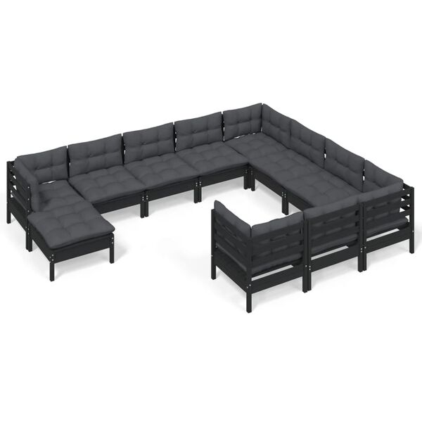 vidaXL 11 pcs conjunto lounge de jardim c/ almofad&otilde;es pinho preto
