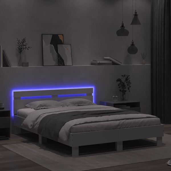 vidaXL Estrutura de cama com cabeceira e luzes LED 140x190 cm branco