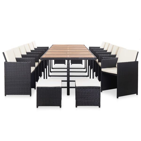 vidaXL 17 pcs conjunto jantar exterior com almofad&otilde;es vime PE preto