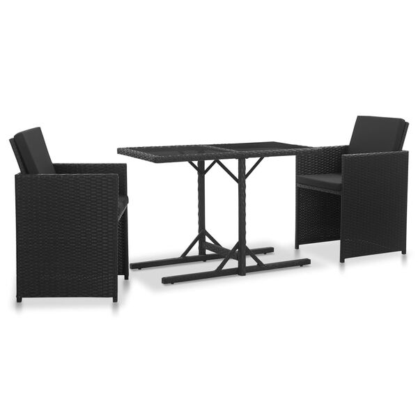 vidaXL 3 pcs conjunto jantar exterior com almofad&otilde;es vime PE preto