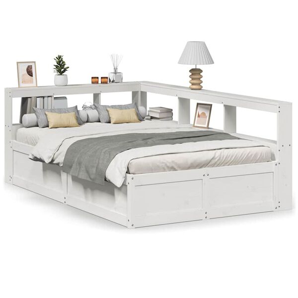 vidaXL Cama com estante sem colch&atilde;o 135x190 cm pinho maci&ccedil;o branco