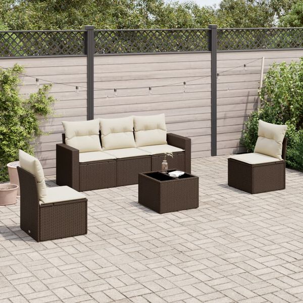 vidaXL 6 pcs conjunto de sof&aacute;s jardim c/ almofad&otilde;es vime PE castanho
