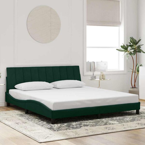 vidaXL Estrutura de cama com LED sem colch&atilde;o Hanko 180x200 cm veludo verde-escuro