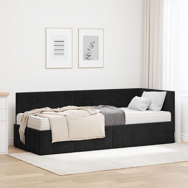 vidaXL Estrutura de Cama de Canto com Colch&atilde;o 2 pcs Preto Veludo
