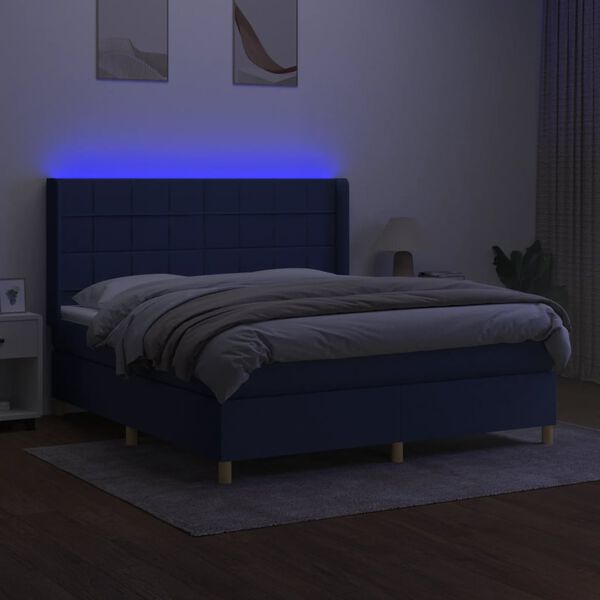 vidaXL Cama box spring c/ colch&atilde;o e LED 180x200 cm tecido azul