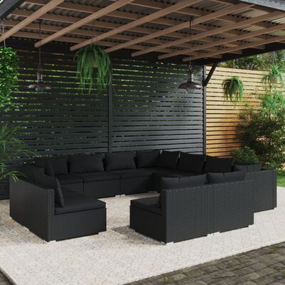 vidaXL 11 pcs conjunto lounge de jardim c/ almofadões vime PE preto