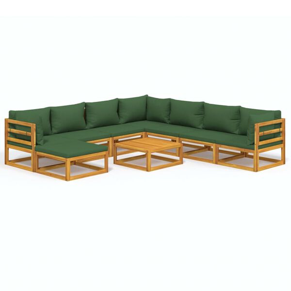 vidaXL 9 pcs conj. lounge jardim madeira c/almofadões verdes