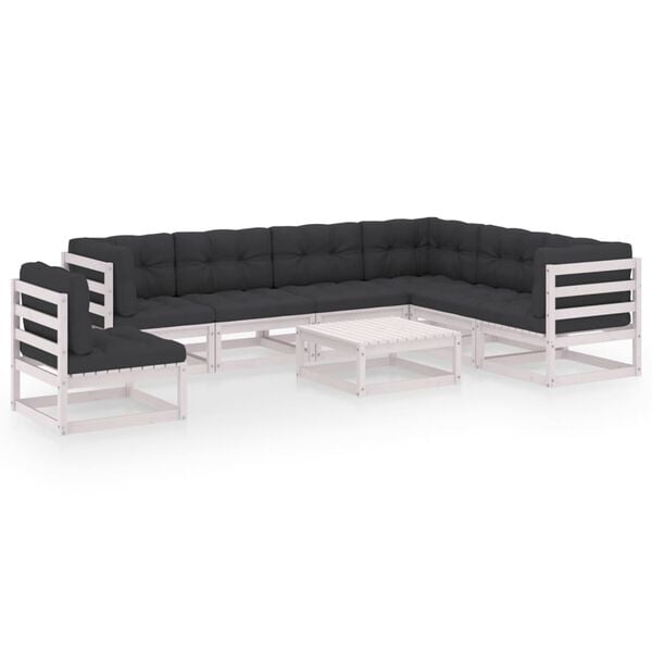 vidaXL 8 pcs conj. lounge de jardim c/ almofad&otilde;es pinho maci&ccedil;o branco