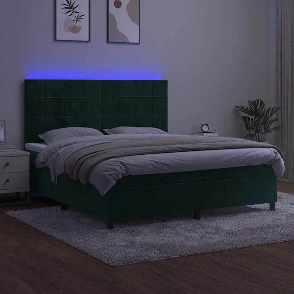 vidaXL Cama box spring c/ colch&atilde;o/LED 160x200 cm veludo verde-escuro